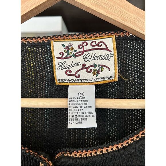 VTG Heirloom Collectibles Black Cardigan Floral Design Brown Gold Buttons Medium - Picture 3 of 4